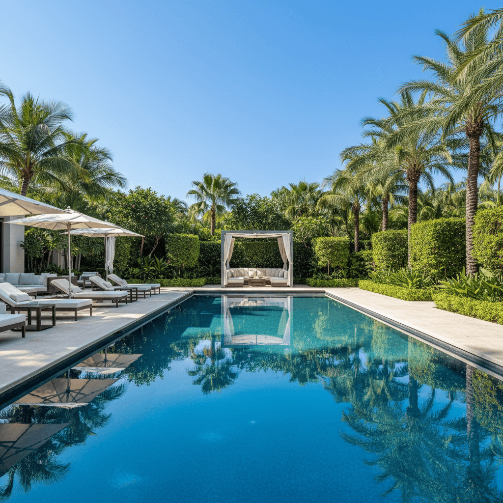 Luxurious swimming pool with pristine water and manicured landscaping