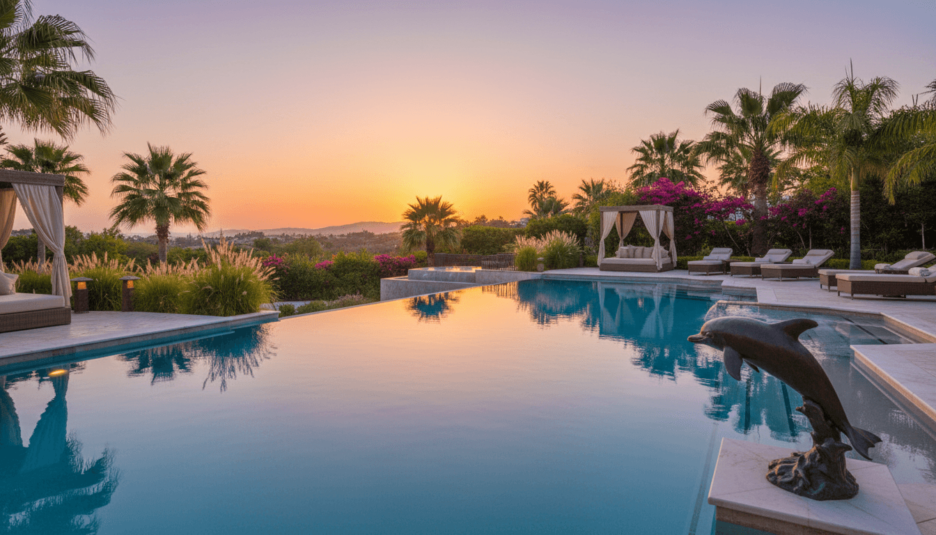 Pristine luxury pool with calm water reflecting golden sunset light, surrounded by elegant landscaping