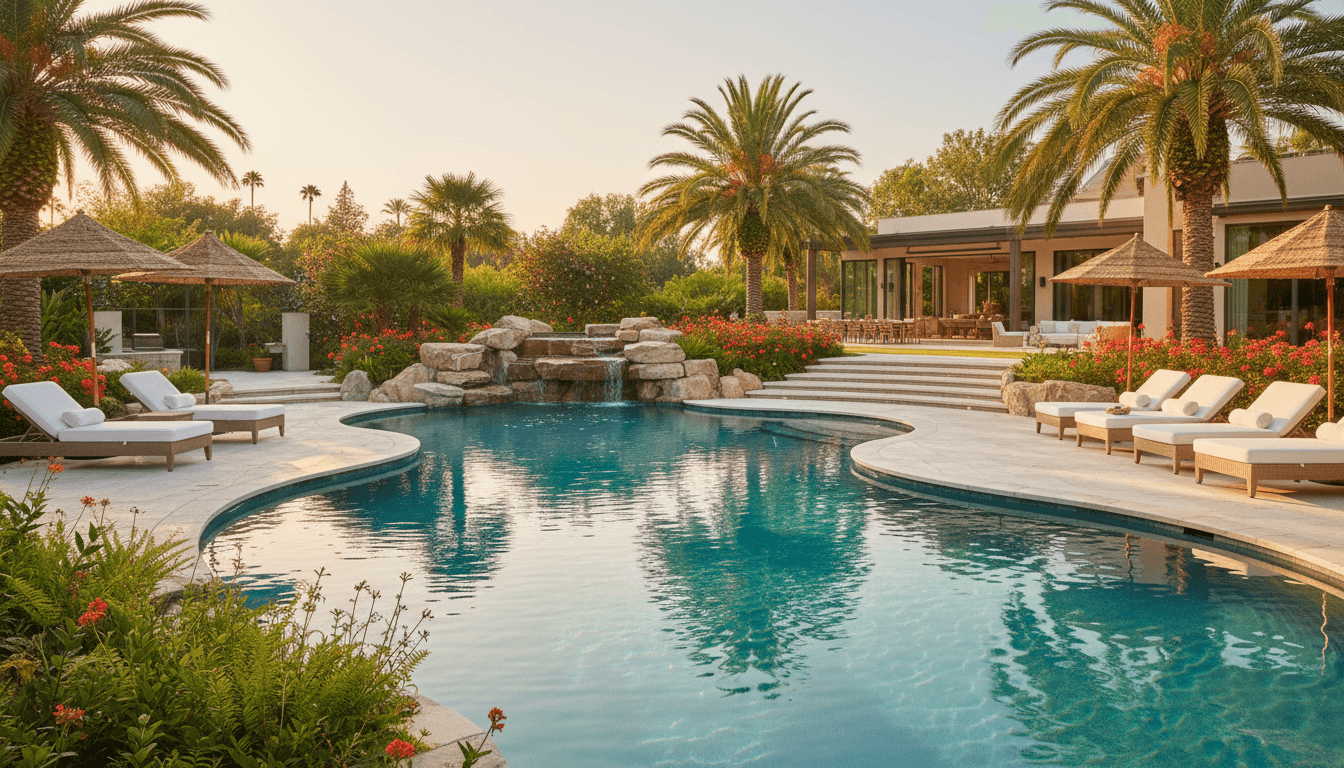 Sparkling luxury pool with professional maintenance in an upscale backyard setting