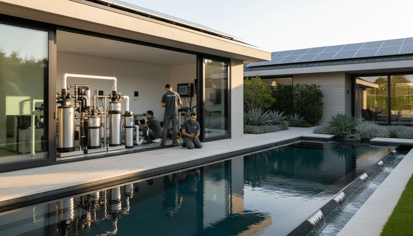 Professional technicians installing advanced solar heating and pool equipment systems in modern luxury residential swimming pool installation project